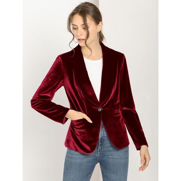 Women's Coat Solid Shawl Collar 1 Button Velvet Blazer Wine Red - Picture 3 of 6